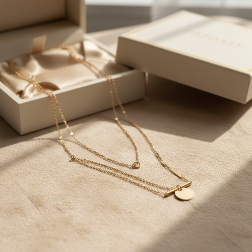 Tarnish-free stainless steel layered necklace set on warm beige velvet
