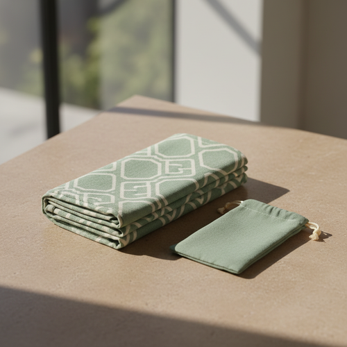 Compact folding travel prayer mat in sage green and cream with carry pouch