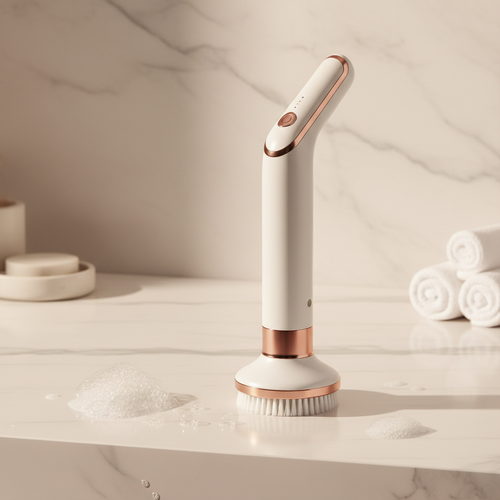 Cordless electric spin scrubber on marble bathroom countertop