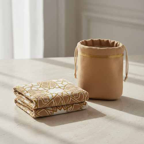 Compact folding travel prayer mat in warm beige and ivory cream with matching drawstring pouch